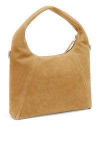 Wildleder-Handtasche in Hellbraun mit geschwungenem Schulterriemen, geometrischen Nähten und einem Reißverschluss als Verschluss. Weiche Textur und strukturierte Form.