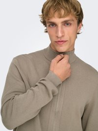 Pull marron clair à fermeture éclair, col montant, texture tricotée, manches longues ; doté d'une fermeture éclair centrale et d'accents côtelés subtils.