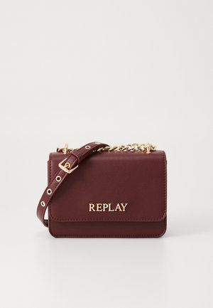 Burgundy leather crossbody bag with gold hardware and "REPLAY" logo. Features a chain and adjustable strap, smooth texture, and rectangular shape.