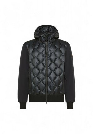 Schwarze Puffjacke mit einem gesteppenten Design auf der Vorderseite und glatten Stoffärmeln. Mit Kapuze, Reißverschluss und Seitentaschen.