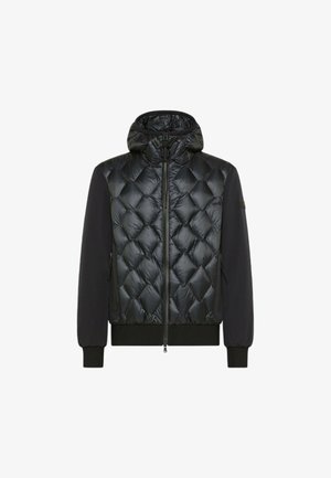 Giubbotto imbottito nero con un design trapuntato sul davanti e maniche in tessuto liscio. Presenta un cappuccio, chiusura con zip e tasche laterali.
