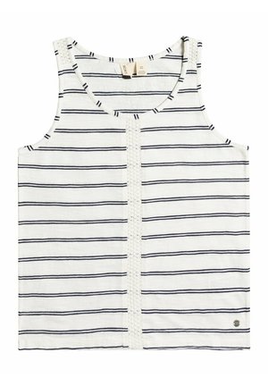 Top sans manches blanc avec des rayures horizontales noires et un détail en dentelle verticale au centre devant, fabriqué par Roxy.