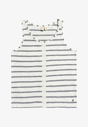 Biała top bez rękawów w czarne poziome paski z pionowym koronkowym detalem na środku przodu, wyprodukowany przez Roxy.