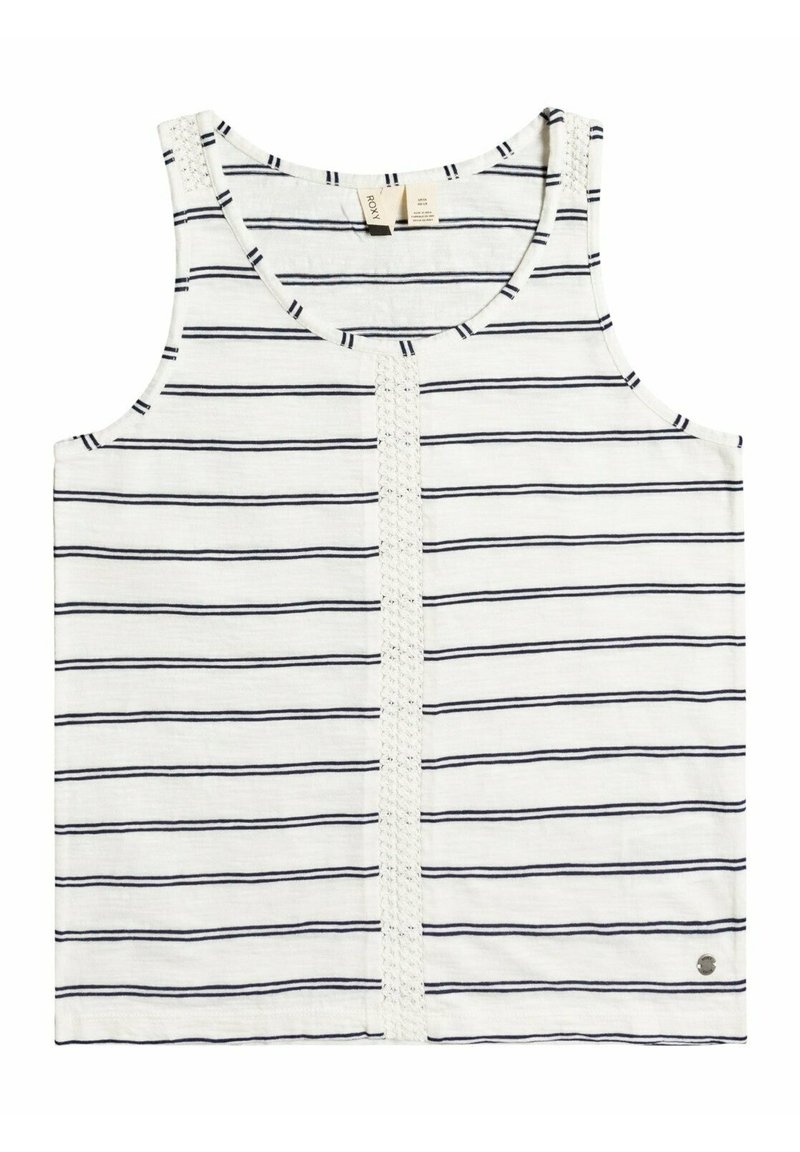 Witte mouwloze top met zwarte horizontale strepen en een verticale kantdetail middenvoor, gemaakt door Roxy.
