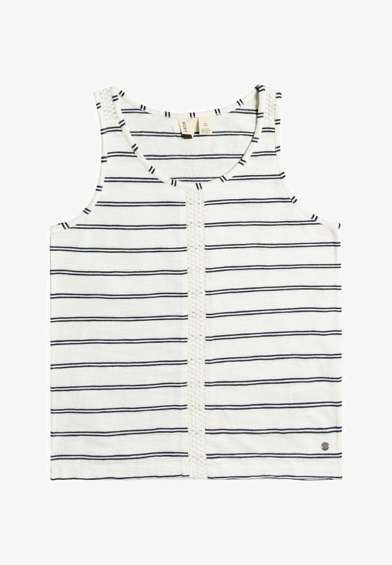 Witte mouwloze top met zwarte horizontale strepen en een verticale kantdetail middenvoor, gemaakt door Roxy.