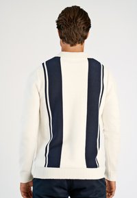 Άνδρας που φοράει λευκό πλεκτό πουλόβερ με δύο φαρδιές κάθετες μπλε ρίγες στην πλάτη, σε συνδυασμό με σκούρο παντελόνι, από πίσω όψη.