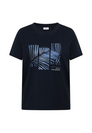 T-shirt blu navy a maniche corte con motivo astratto di foglie blu e testo "Trova gioia", "Fai una pausa" e "Costruisci fiducia" sul davanti.