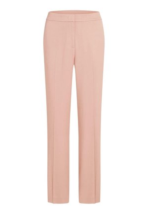 Pantalon rose clair sur mesure avec une coupe droite et une taille ajustée, avec une fermeture avant dissimulée.
