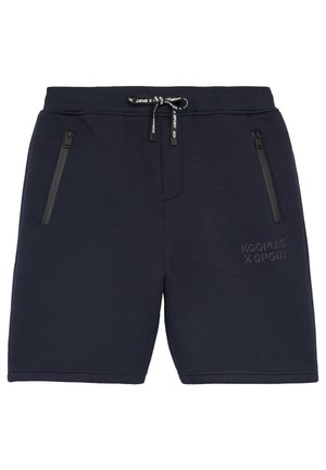 Marineblaue Sportshorts mit elastischem Bund, schwarzem Kordelzug, Reißverschlusstaschen an der Seite und "Kooples x Sport"-Logo am linken Bein.