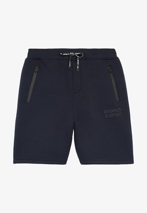 Marineblaue Sportshorts mit elastischem Bund, schwarzem Kordelzug, Reißverschlusstaschen an der Seite und "Kooples x Sport"-Logo am linken Bein.