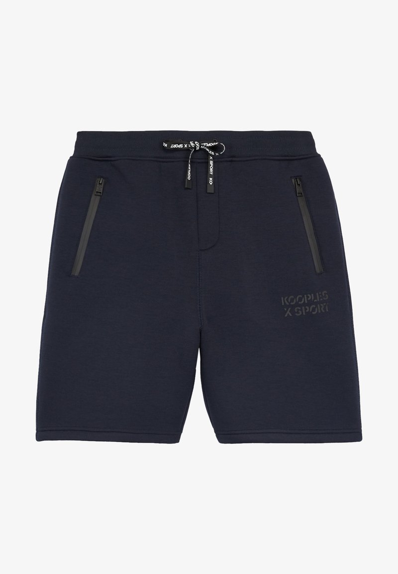 Shorts de sport bleu marine avec taille élastique, cordon noir, poches latérales zippées et logo "Kooples x Sport" sur la jambe gauche.