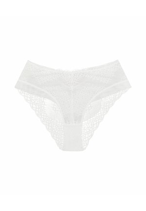 White lace brief featuring a geometric pattern, soft texture, and a mid-rise design with a scalloped edge.