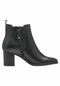 Black leather ankle boot with a pointed toe, a side zip closure, and a block heel. Smooth texture and minimalistic design.