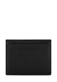 Black leather cardholder with a smooth texture, featuring a top slot and embossed logo. Minimalist design with clean lines and edges.