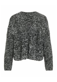 Cárdigan recortado en tejido gris y negro jaspeado. Presenta una textura de punto de trenzas, mangas largas y un diseño de frente abierto.