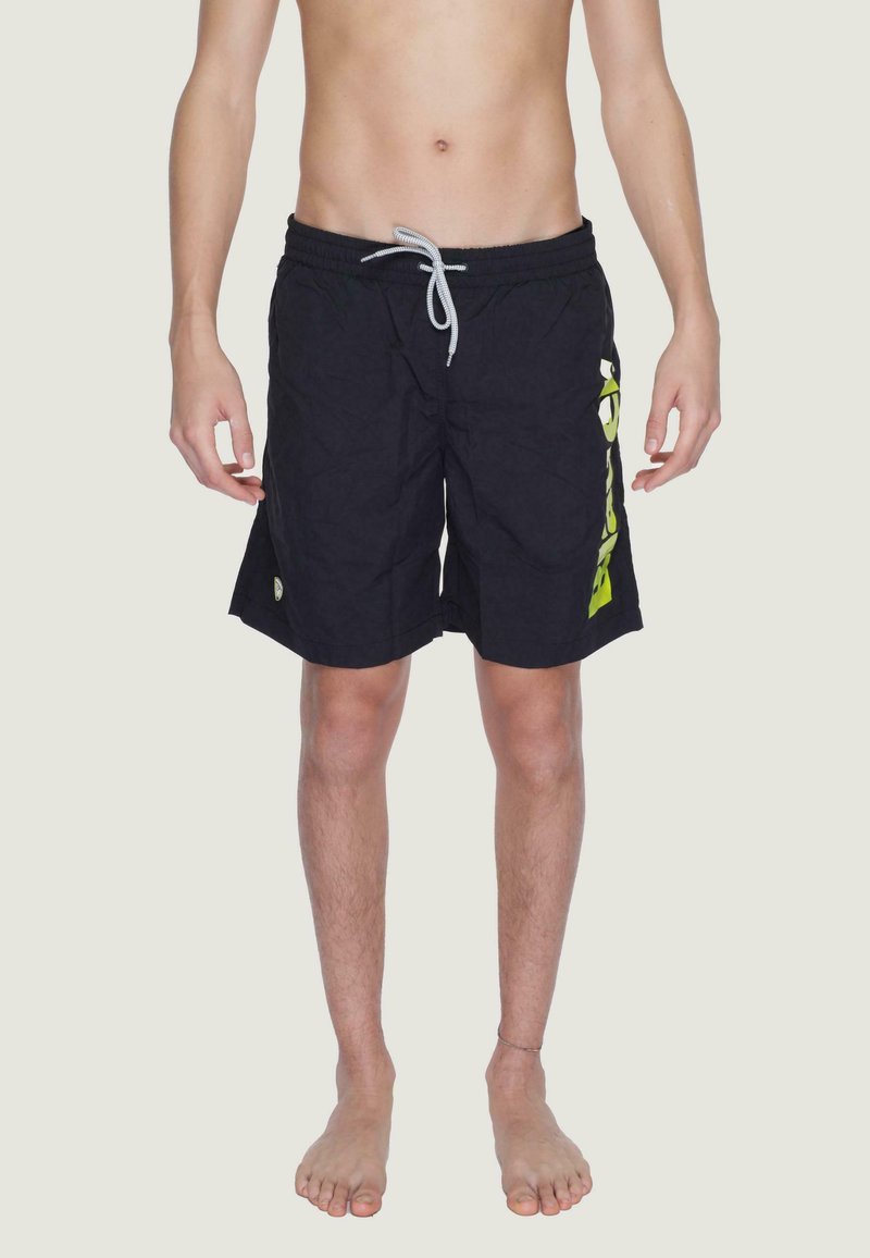 Shorts da nuoto neri con vita elasticizzata e lacci, caratterizzati da una grande stampa grafica verde sul lato sinistro e un piccolo etichetta con logo.