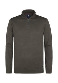 Pullover scuro verde a mezzo zip realizzato in tessuto a maglia testurizzato, con colletto alto e polsini e orlo a coste. Dettaglio sottile a motivo zigzag.