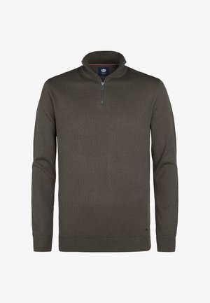 Mørkegrøn quarter-zip pullover lavet af struktureret strikkemateriale, med en høj krave samt ribbede manchetter og kant. Diskret zigzag-mønsterdetalje.