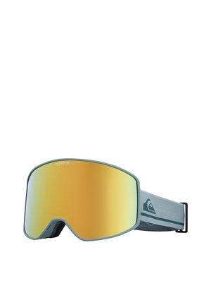 Ski goggles with a large, amber mirror lens, green frame, and grey adjustable strap featuring a logo accent and textured band.