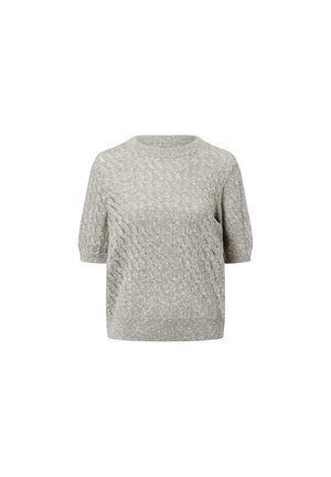 Hellgrau gestrickter Pullover mit kurzen Ärmeln, der ein strukturiertes, wellenförmiges Muster und einen runden Halsausschnitt aufweist. Weicher, lockerer Schnitt.