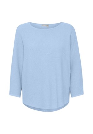 Hele sinine soonikkoes pika varrukaga särk, millel on ümar kaelus, lõdvestunud istuvus ja ümaräär.