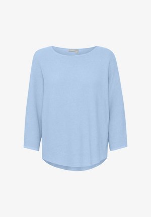 Világoskék bordázott kötésű hosszú ujjú felső kerek nyakkivágással, laza szabással és lekerekített szegéllyel.