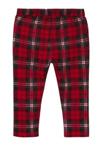 Czerwone legginsy w kratę z elastycznym pasem. Wzór zawiera czarne, zielone i białe linie w tradycyjnym wzorze tartanowym. Miękka faktura tkaniny.