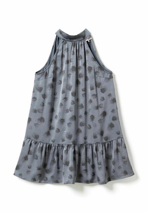 Szara sukienka bez rękawów z czarnymi abstrakcyjnymi plamami, wysokim marszczonym kołnierzem i falbaną u dołu.