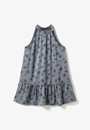 Šaty bez rukávov sivé s čiernymi abstraktnými škvrnami, s vysokým nariaseným výstrihom a detailom volánikového lemu.