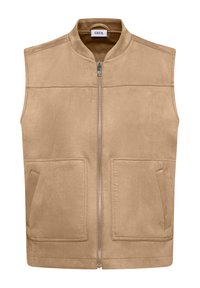 Veste sans manches en suède beige avec fermeture éclair frontale et deux grandes poches rectangulaires, dotée d'un col montant et d'une étiquette "Cecil" à l'intérieur.