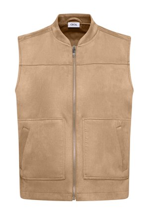 Veste sans manches en suède beige avec fermeture éclair frontale et deux grandes poches rectangulaires, dotée d'un col montant et d'une étiquette "Cecil" à l'intérieur.