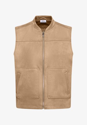 Veste sans manches en suède beige avec fermeture éclair frontale et deux grandes poches rectangulaires, dotée d'un col montant et d'une étiquette "Cecil" à l'intérieur.