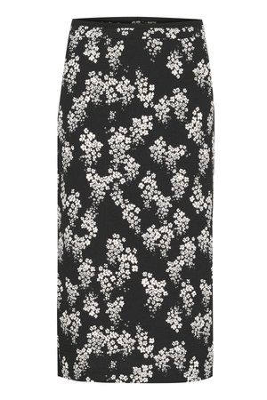 Jupe crayon noire avec un motif floral blanc, tissu texturé, longueur mi-mollet, et coupe ajustée avec une ceinture lisse.