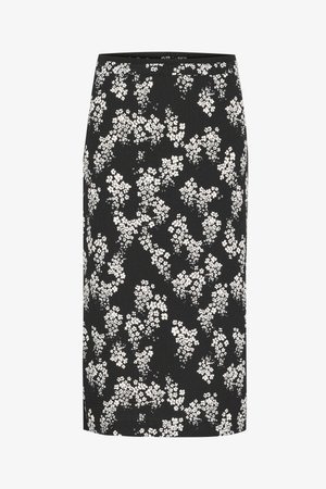 Jupe crayon noire avec un motif floral blanc, tissu texturé, longueur mi-mollet, et coupe ajustée avec une ceinture lisse.