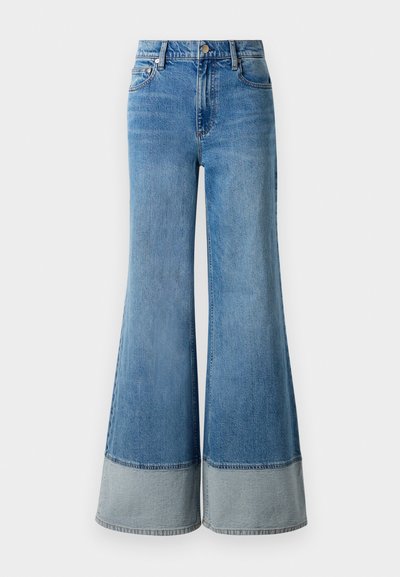 Light blue flared jeans with a high waist, featuring a contrasting denim cuff at the hem, classic five-pocket design, and metal button closure.