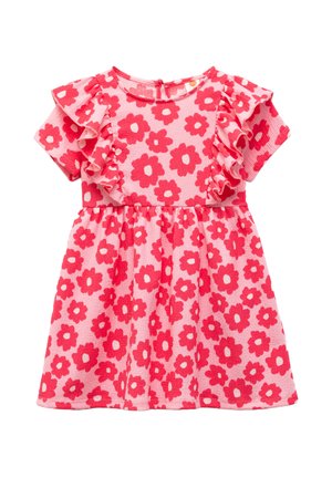 Bloemige jurk met korte ruches mouwen, roze achtergrond en grote rode bloemen. Gerimpelde taille en ronde halslijn met een knoopsluiting aan de achterkant.