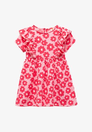 Blumenkleid mit kurzen, gerafften Ärmeln, pinkem Hintergrund und großen roten Blumen. Gekräuselte Taille und runder Ausschnitt mit Knopfverschluss im Rücken.