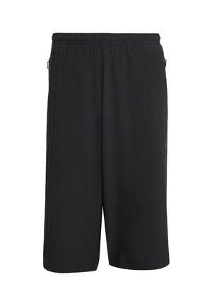Shorts de sport noirs avec une taille élastique, dotés de zips latéraux et d'un tissu lisse et léger. Design simple et fonctionnel.
