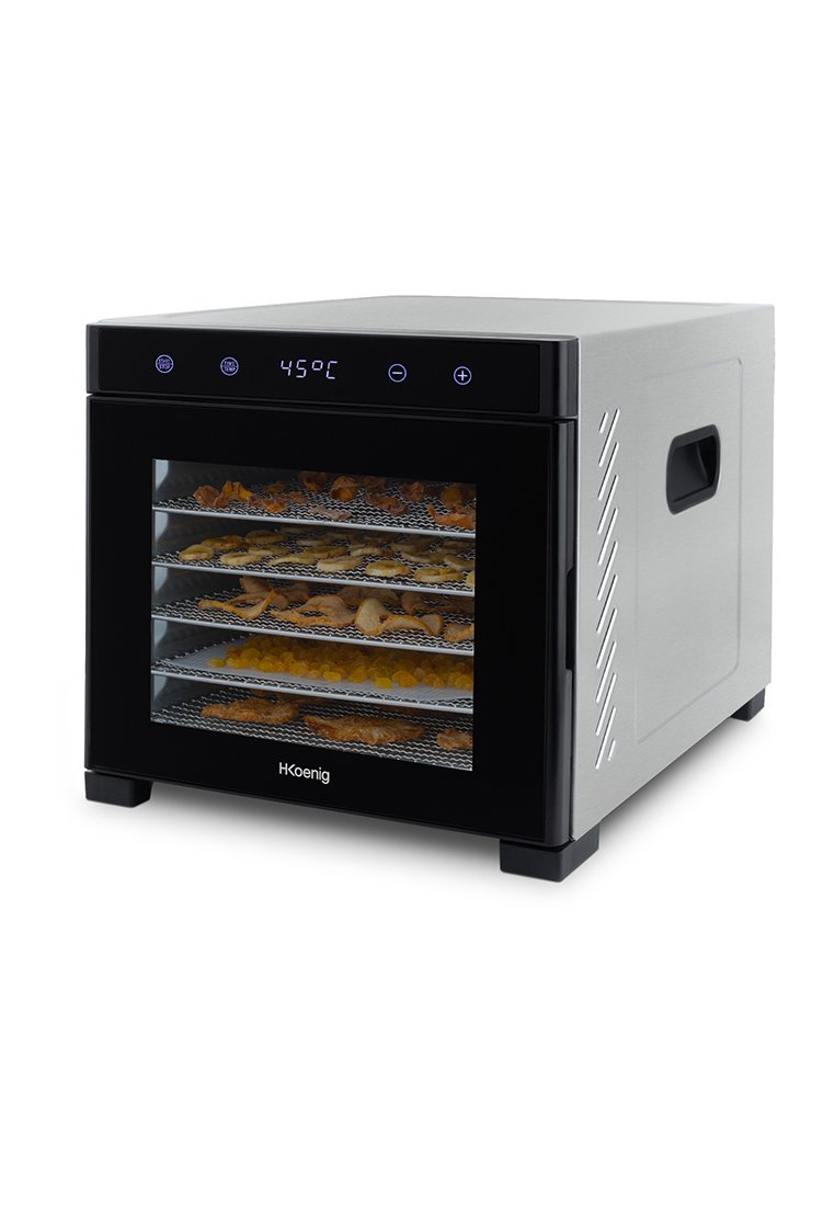 Disidratore elettrico argento con fronte nero, porta in vetro, cinque vassoi in rete, display digitale e pulsanti per il controllo della temperatura.