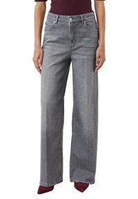 Gray wide-leg jeans made of denim, featuring a high-rise waist, classic five-pocket design, and subtle fading along the front.
