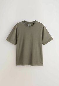 T-shirt vert olive uni à manches courtes et col rond, coupe régulière, taille moyenne, présenté sur un fond clair.
