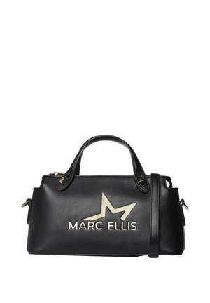 Sac à main en cuir noir avec poignées supérieures, bandoulière, et logo doré "Marc Ellis" avec emblème étoile à l'avant.
