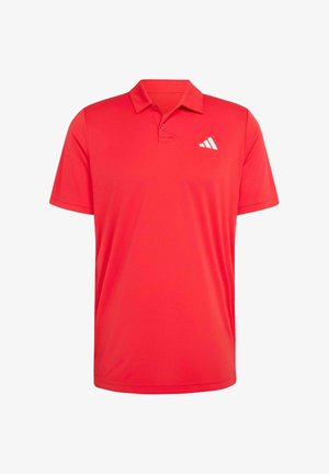 Camiseta polo roja de manga corta con una tapeta de dos botones y un pequeño logotipo blanco de Adidas en el pecho izquierdo.