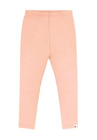 Jasnoróżowe legginsy wykonane z miękkiego, elastycznego materiału. Posiadają elastyczny pas i nie mają widocznych wzorów ani elementów metalowych.