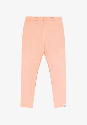 Jasnoróżowe legginsy wykonane z miękkiego, elastycznego materiału. Posiadają elastyczny pas i nie mają widocznych wzorów ani elementów metalowych.