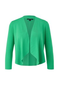 Cárdigan abierto de un brillante color verde con mangas largas y dobladillo drapeado, hecho de una tela de punto ligera.