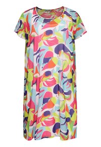 Robe à manches courtes mettant en avant un motif abstrait coloré en rose, bleu, vert et violet ; fabriquée en tissu léger et respirant.