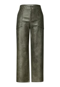 Breda, olivgrön faux läderbyxor med en slät yta, med framfickor och ett knäppande stängning i midjan.