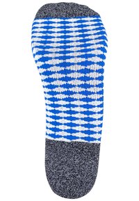 Blaue und weiße gemusterte Socke mit grauem Fersen- und Bündchenteil, die ein strukturiertes Strickdesign und ein Rautenmuster aufweist.