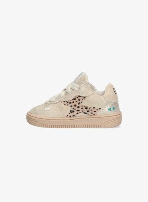 Beige glitter sneakers with a spotted cheetah pattern on the side, white laces, and a textured sole. Accented with teal dots on the heel.